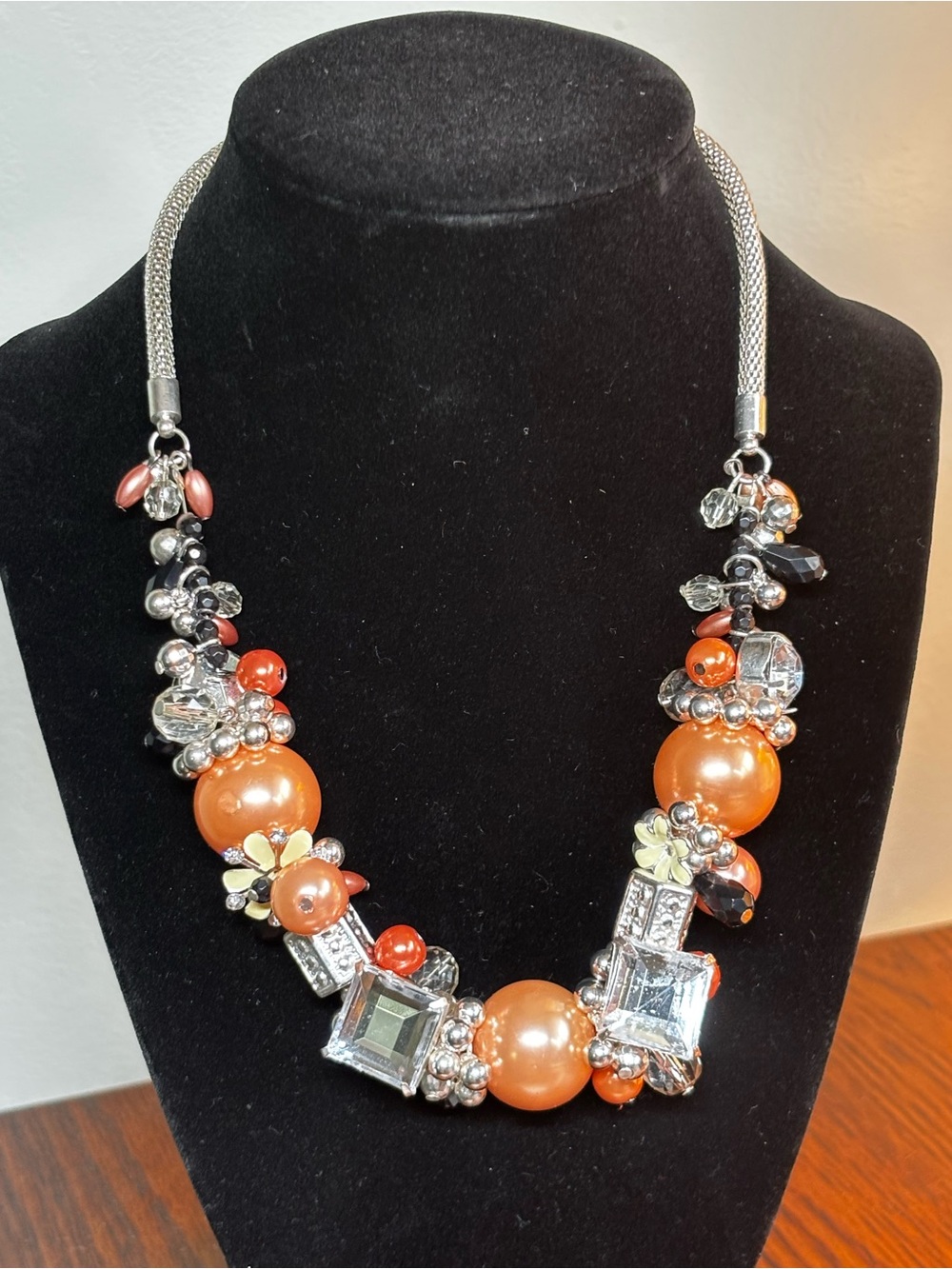 Silver and Orange Bead Statement Necklace Silver Tone - Women Jewelry